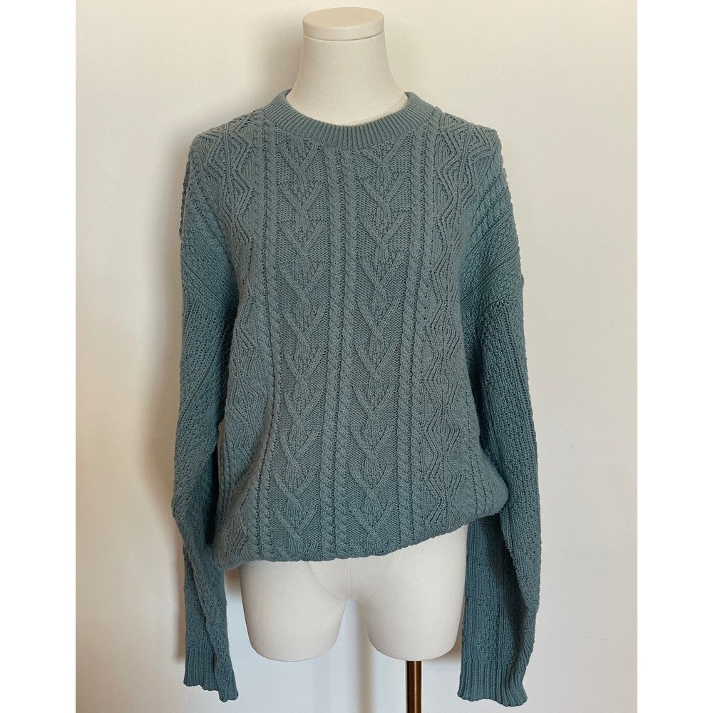 Vintage USA Made Mervyn's Sage Teal Green 100% Cotton Cable Knit Sweater 80s 90s